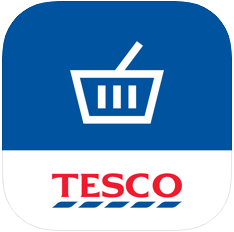 App icon showing white outline of basket on blue background and Tesco logo